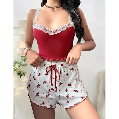 Frauen Pyjama Set Spitze Patchwork V-ausschnitt Nachtwäsche Sexy Nachthemden Anzug Leibchen Top Gedruckt Shorts Weiche Pyjamas Loungewear.