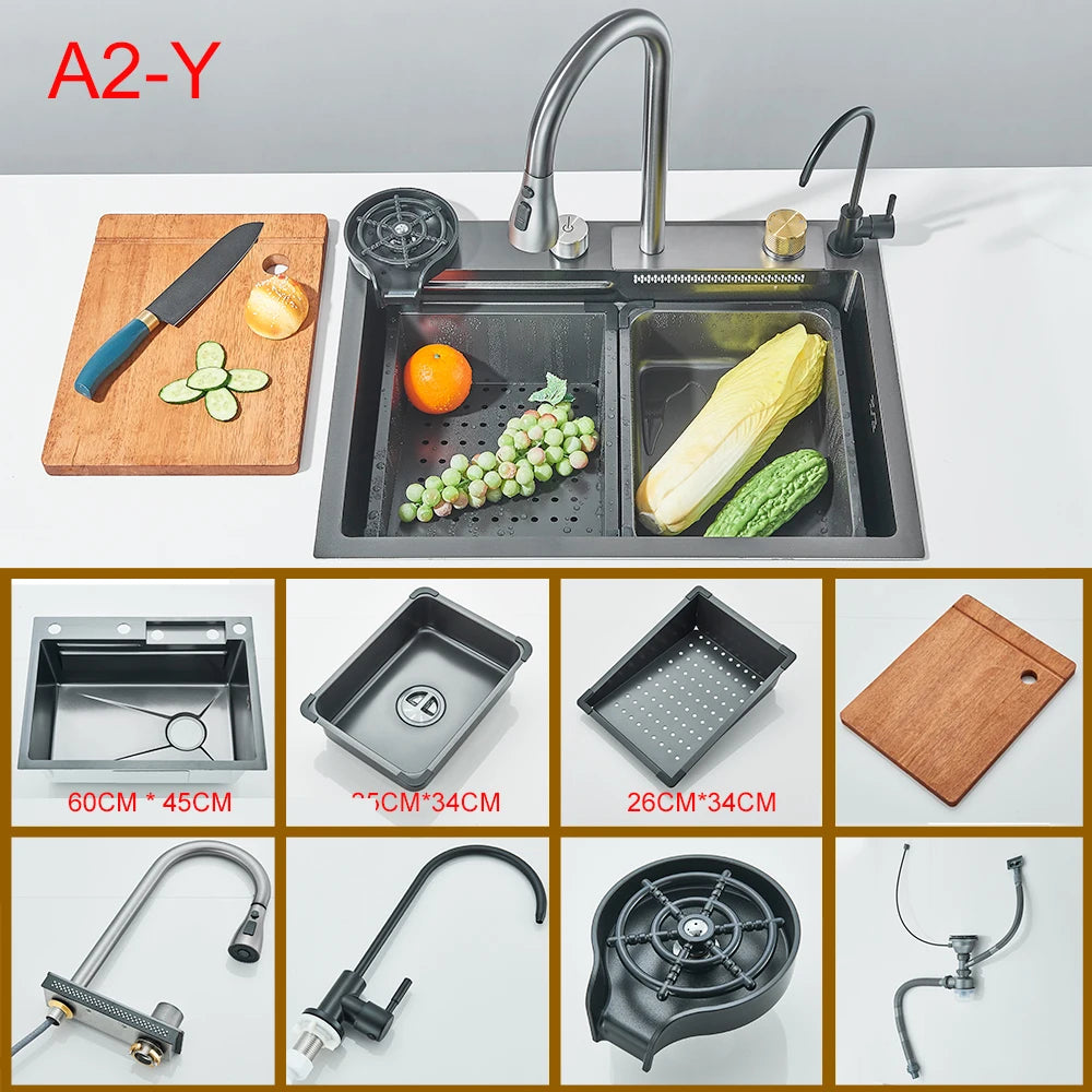 Multifunktionales Wasserfall-Spülbecken für die Küche, Digitalanzeige, großes einzelnes graues Spülbecken, Spülbecken, Spüle aus Edelstahl 304