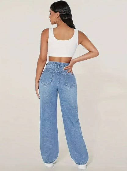 Mom Jeans Women Denim Pant Wide Leg Long Pants Hole High Waist Straight Trousers Y2k Streetwear Work Splice Casual 2025 Punk.