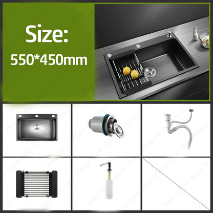 Schwarzes Nano-Waschbecken, einzelnes Waschbecken, kreative Küchenspülen aus Edelstahl, Abflussset für Zuhause, handgefertigtes Waschbecken, Küchenzubehör