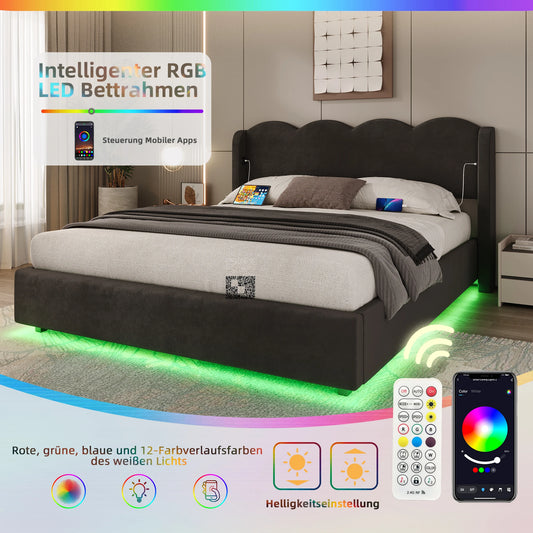Gepolstertes Doppelbettrahmenpaneel, flache Nudelrahmenhalterung aus Wellpappe, mit LED-Licht, USB+C-Schnittstellenaufladung, 160 cm × 200 cm