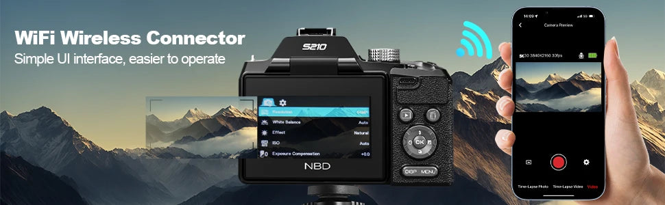 NBD 5K Digital Cameras for Photography 16X Optical Zoom Camera with WiFi & App Control, Vlogging Camera with 180°Flipable Screen.