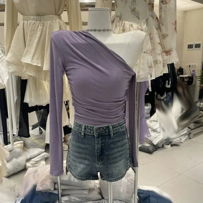 French Style Long Sleeve Slim Fit T-Shirt Women Early Autumn Design Sexy Short Length Beautiful Top Shoulder Bared Side Collar.