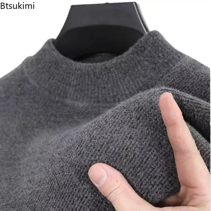 New 2025 Men's Cashmere Sweater Warm Thickened Winter Casual Solid Knitted Pullovers Mock Neck Thicker Fleece Sweater for Men.