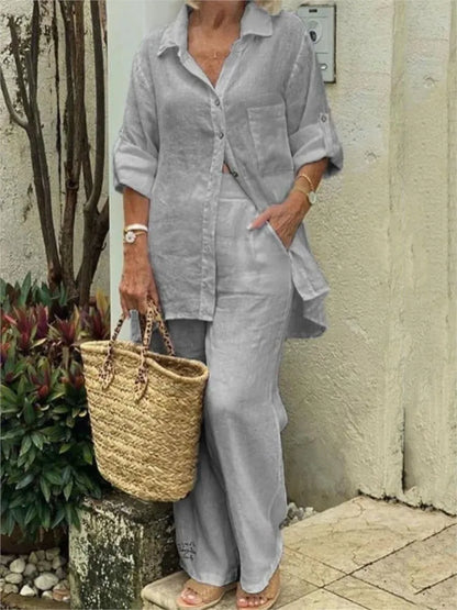 Elegant Solid Cotton Linen Shirt 2 Piece Set For Women Casual Outfits Autumn Long Sleeve Pocket Top Wide Leg Pants Suits Female.