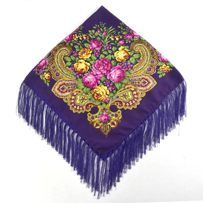 Women Luxury Floral Printed Russian Scarf Ukrainian Fringed Square Scarves Babushka Handkerchief Head Wraps Travel Shawl.