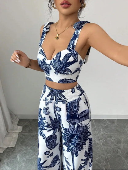 Sexy Strapback Halter Tops Long Pants Female 2-piece Set Summer Fashion Printed Wide-leg Pocket Trousers Elegant Women's Suit.