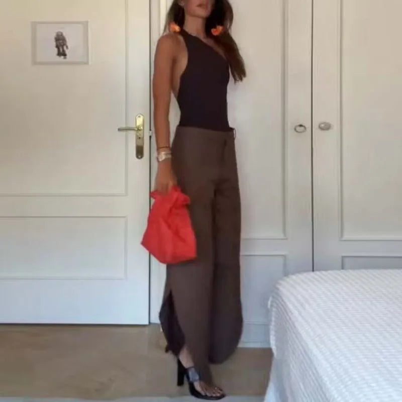 Sexy One Shoulder Backless Hollow Out Top+Wide Leg Pants Suit Woman Solid 2 Piece Sets Summer Sleeveless Streetwear Outfit Mujer.