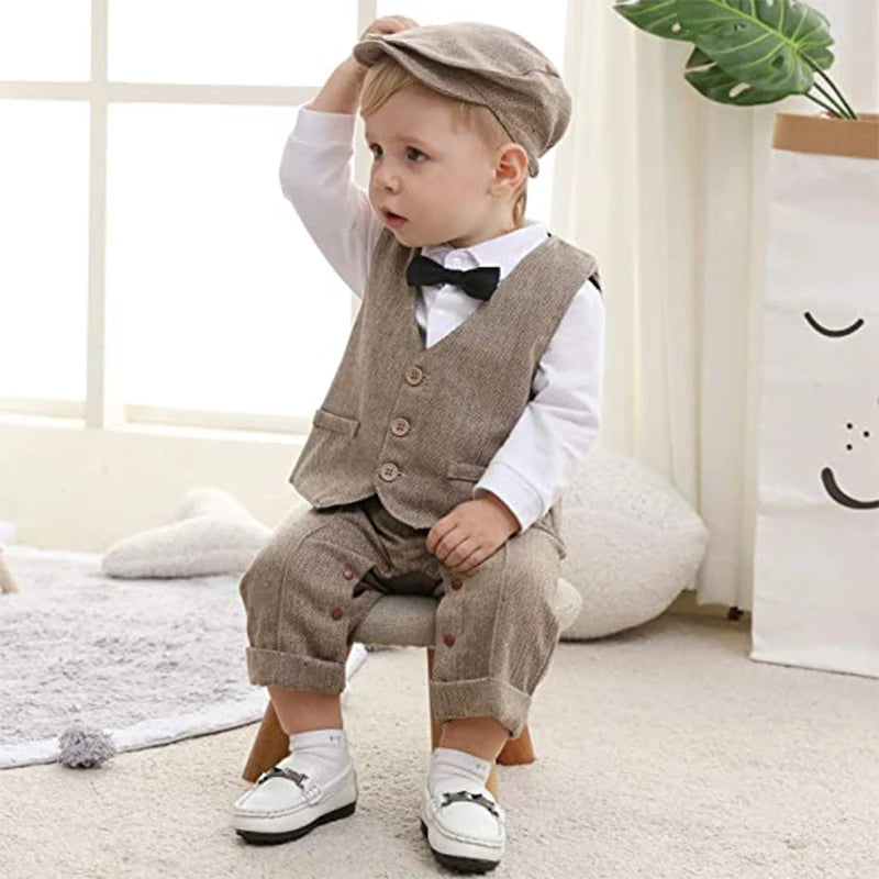 Newborn Boy Formal Clothes Set Infant Boy Gentleman Birthday Romper Outfit With Hat Vest Long Sleeve Infant Jumpsuit Suit Formal.