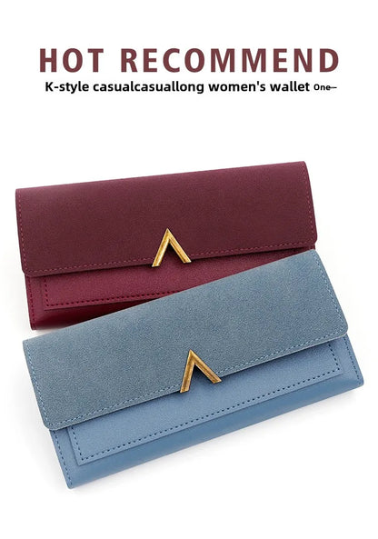 New Korean version women's wallet long V-shaped buckle three fold wallet for women, hand-held bag, change card bag.