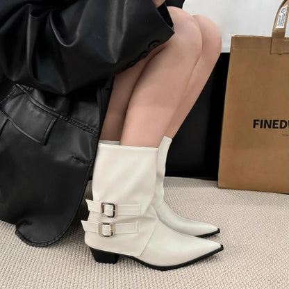 Winter Pointed Toe Thick Heel Women Ankle Boots Elegant Back Belt Buckle Slip On Shoes Street Style Party Short Botas Mujer.