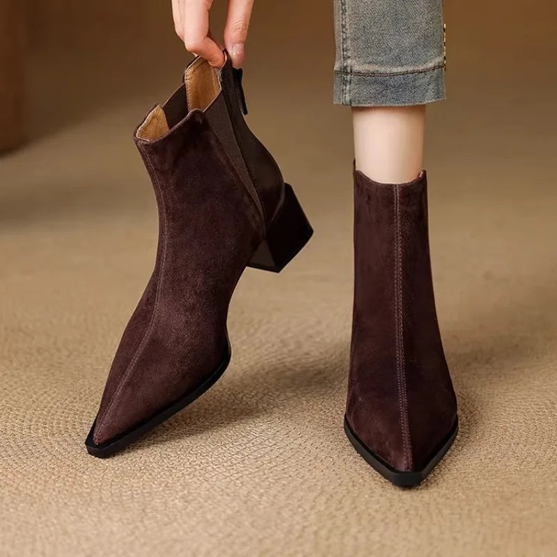 Autumn Winter Women Thick Heel Ankle Boots Elegant Back Zippers Shoes Modern Leather Suede Splicing Short Botas Para Mujer.