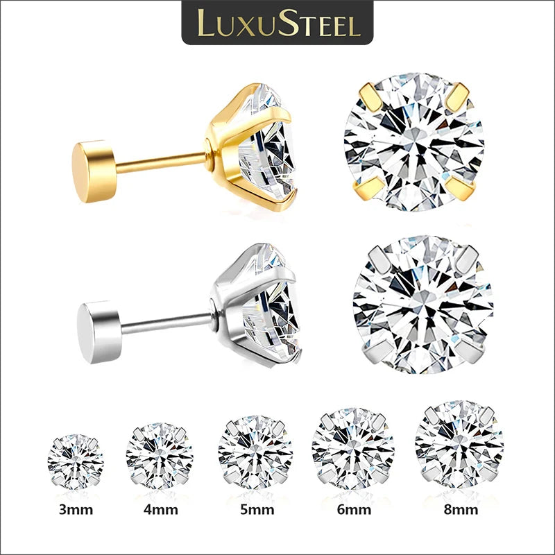 LUXUSTEEL 1Pairs/2Pcs Stainless Steel Crystal Studs Earrings For Women Men 4 Prong Tragus Round Clear Cubic Zirconia Ear Jewelry.