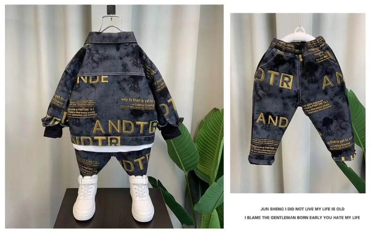 Boys Set Spring and Autumn 2024 New Children's Handsome Clothes Trendy Baby Autumn Fashion Cowboy Two Piece Set Kids Outfits.
