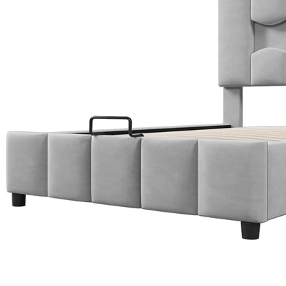 Modernes Polsterbett, 90 x 200 cm, ohne Matratze, LED-Beleuchtung, mit hydraulischem Gerät, verstellbarer Kopfteil, Samt, Grau