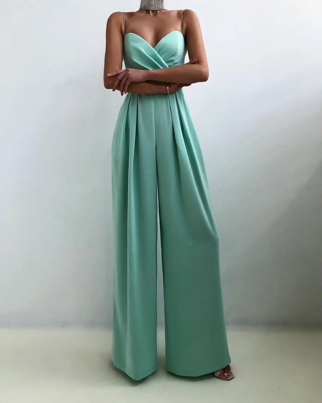 2025 Spring Summer Chiffon Elegant Jumpsuits Women Spaghetti Strap High Waist Wide Leg Jumpsuits Overalls Solid Womens Jumpsuit.