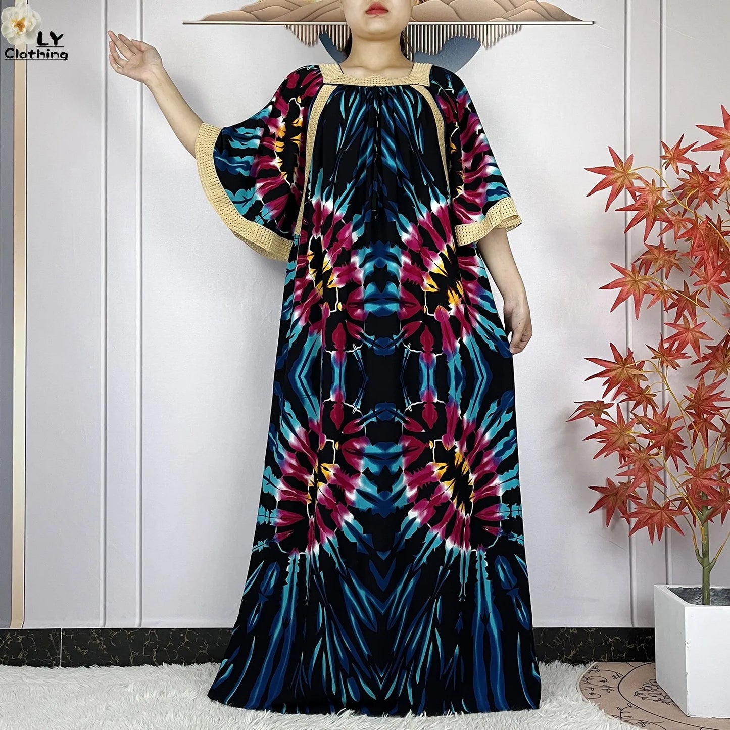 New Muslim Dress Woman Short Sleeve Dashiki African Abaya Tie-dyed Printing Cotton Loose Femme Robe Islamic Dresses With Scarf.