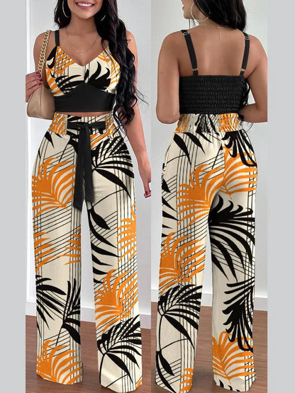 Women Fashion Print Halter V-Neck Short Tank Suit Tops Long Pants Matching Set Summer Casual Female Slim Pants Two Piece Sets.