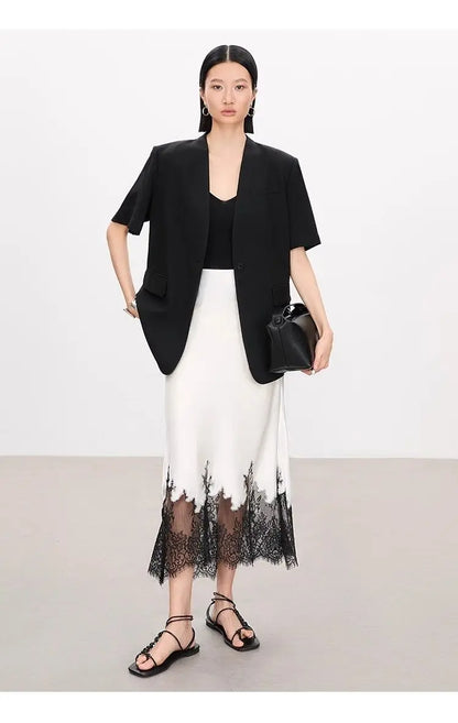 Mia Girl Elegant Satin Long Skirts for Women Oversize Lace Patchwork High Waist A-line Skirt French Style Summer Chic Lady Skirt.