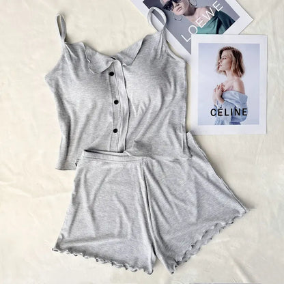 Conjuntos De Pijama Neue Sexy Baumwolle Sling Top Shorts Set Bh Pad Sommer Nachtwäsche Pyjamas Für Frauen Hause Tragen Nachtwäsche Anzug