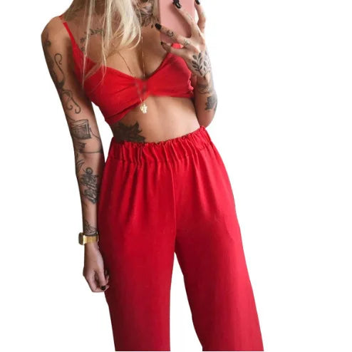 Sexy Two Piece Set Women Outfit 2025 Summer Butterfly Print V-Neck Cropped Top High Waist Drawstring Casual Wide Leg Pants Sets