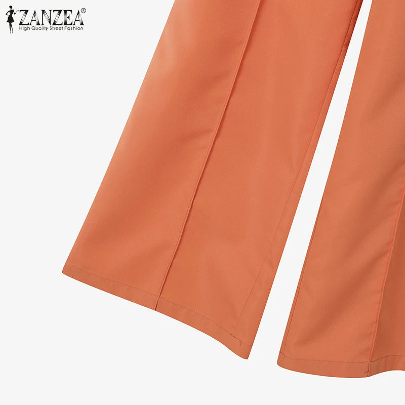 ZANZEA Fashion 2 Piece Sets Woman Elegant V-Neck Short Sleeve Shirts Wide Leg Pants 2pcs Suits Office Lady Commuting Pant Sets.