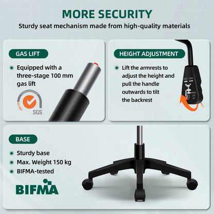 Daccormax Ergonomischer Bürostuhl, verstellbare Lordosenstütze, drehbar, robuste Rollen, gepolsterte Armlehnen, Multi-Neigefunktion zum Entspannen.