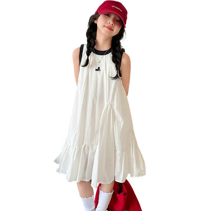 Neues Sommer-Mädchen-Prinzessinnenkleid für Kinder, ärmelloses Kleid mit Rüschen, Design-Kleider für Teenager, Kinder, lässiges Urlaubs-Strandkleid