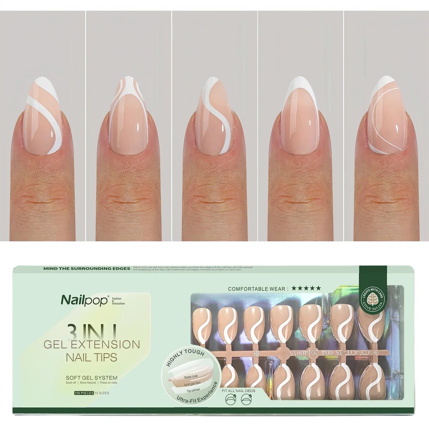 Nailpop 150Pcs French Gel Nail Tips Medium Almond Pre-Colored Press on Nails Skin Tones Soft Gel Nails False Nail Extensions.