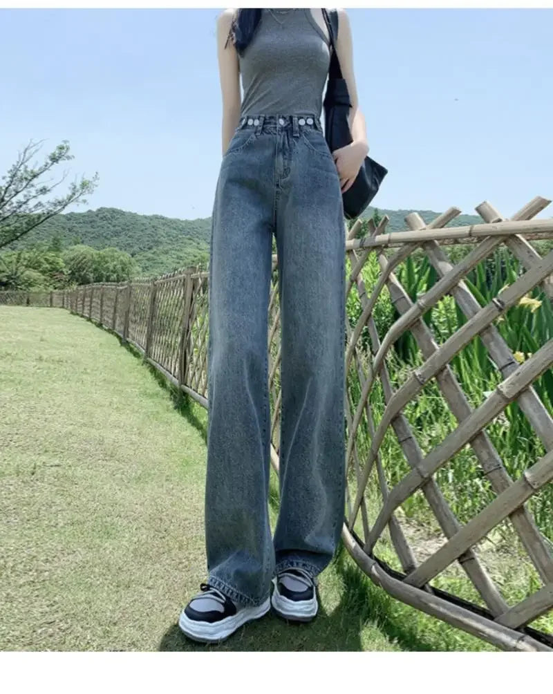 High Waist Straight Leg Jeans Women's Summer New 2025 Small Size Wide Leg Loose Drapey Slimming Floor-Length Pants.