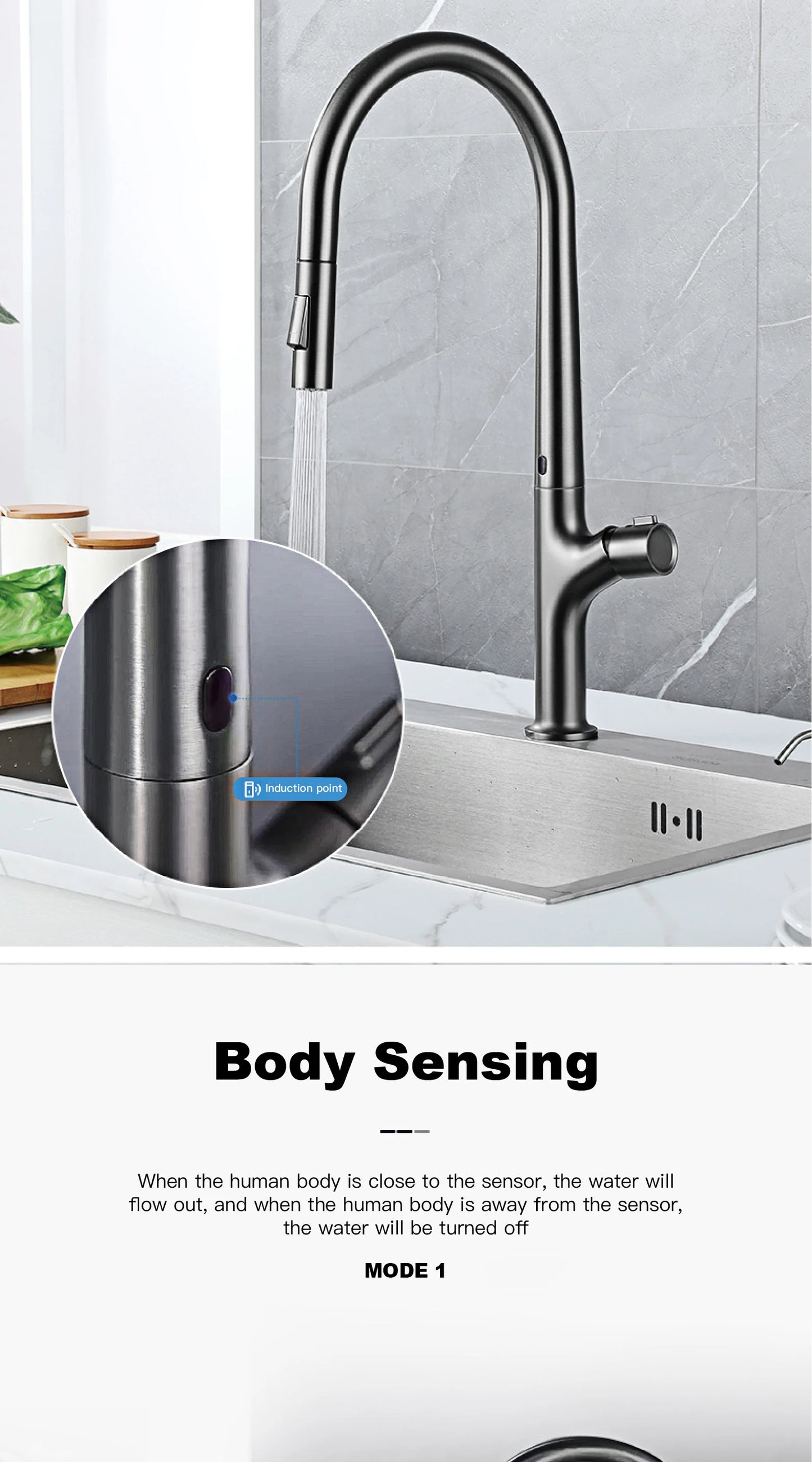 Modern style gun gray pull-out kitchen faucet with 1 handle for hot&cold water intelligent sensing and 2 functions for sink Tap