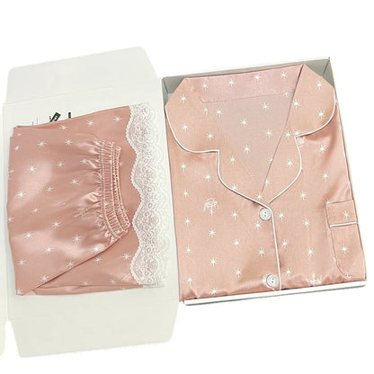 Frauen Neue Sommer Eis Seide Ins Sterne Floral Süße Pyjamas Mädchen Sommer Kurzarm Shorts Studentenwohnheim Homewear Anzug.