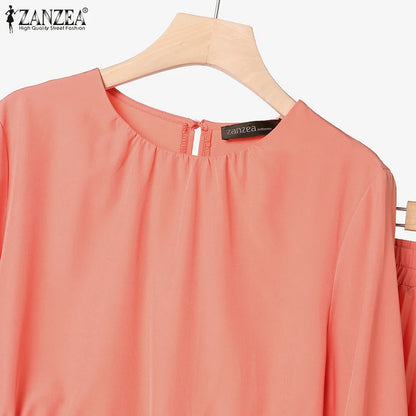 ZANZEA Elegant Women Autumn 2 Piece Sets Muslim Tracksuits Fashion Long Sleeve Tops Pleated Maxi Skirts Suit 2PCS Work Outfits.