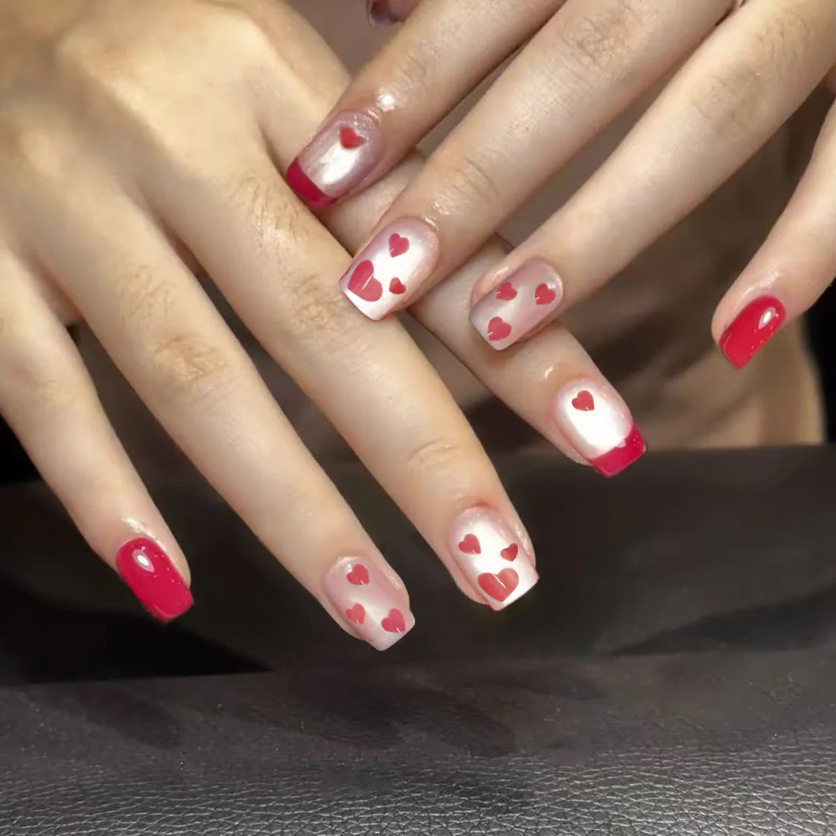 24Pcs Nude Color Fake Nails Short Square Head Press on Nails White Heart Printed Valentine's Day Full Cover False Nails Tips.