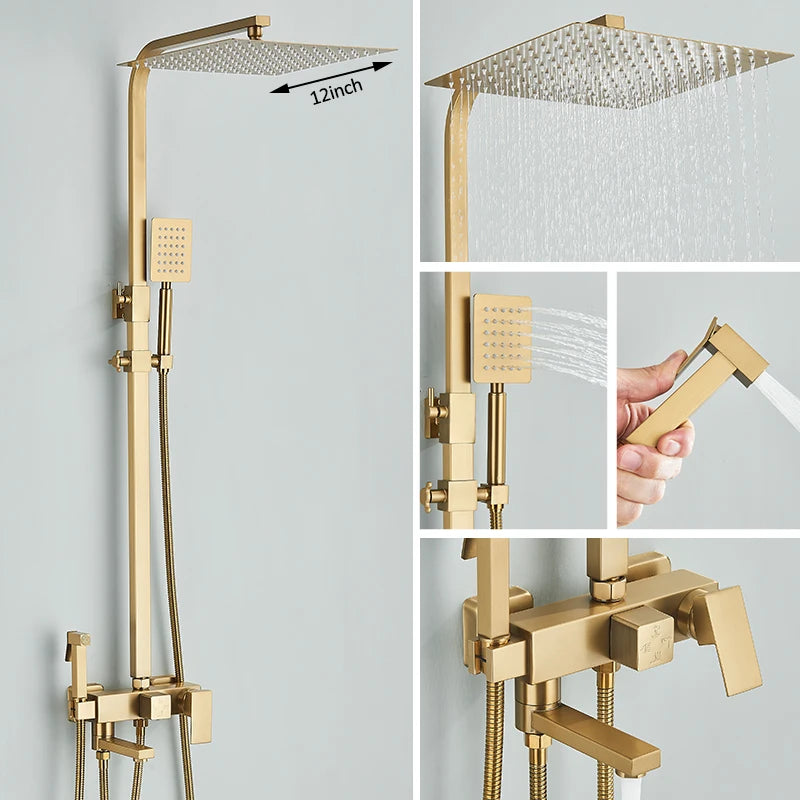 4 in 1 Gold Brushed Shower System Rainfall Shower Hot Cold Water Mixer With Bidet Faucet Bath Shower Faucet For Bathroom