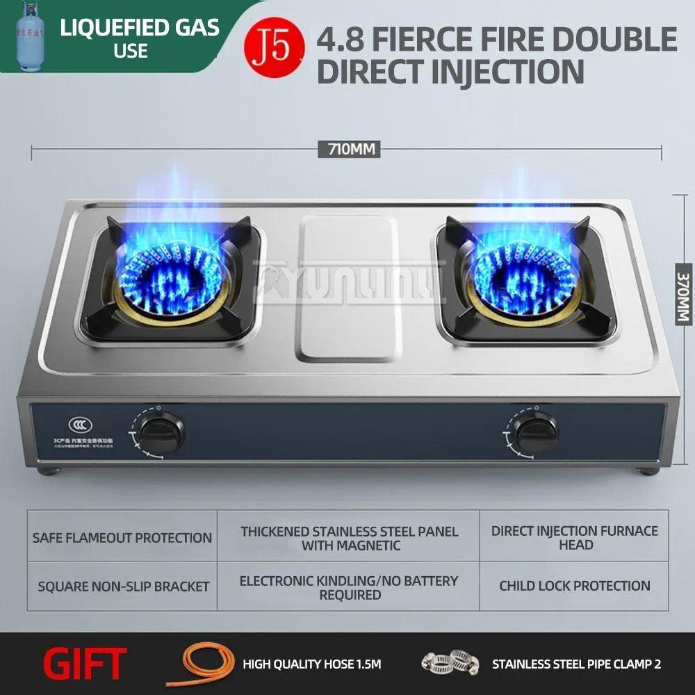 Desktop Stainless Steel Double Stove Household Bench Top Strong Fire Liquefied Natural Gas Stove.
