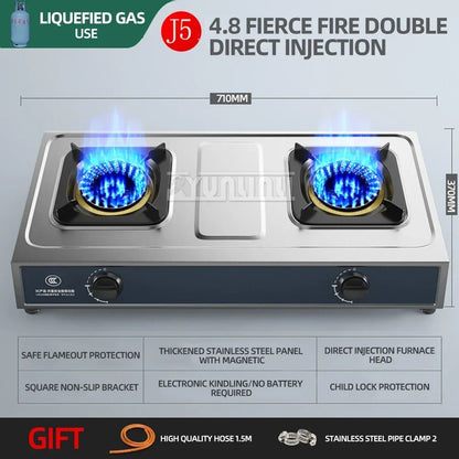 Desktop Stainless Steel Double Stove Household Bench Top Strong Fire Liquefied Natural Gas Stove.