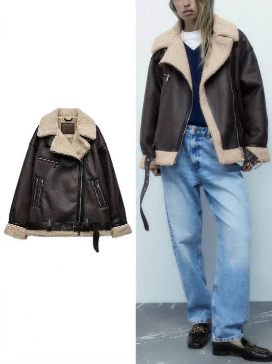 Frau dicke warme doppelseitige Faux Shear ling Jacke Herbst Winter neue Revers Langarm Gürtel Saum Reiß verschluss weibliche Oberbekleidung