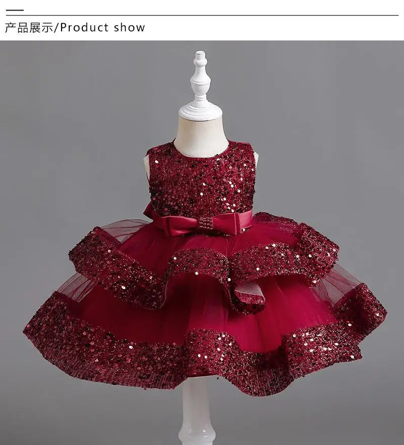 Sommer Neue Perlen Fliege Pailletten Mesh Kinder Ärmelloses Abendkleid Schule Abschlussfeier Multi Layered Kleid