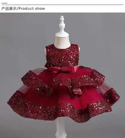 Sommer Neue Perlen Fliege Pailletten Mesh Kinder Ärmelloses Abendkleid Schule Abschlussfeier Multi Layered Kleid