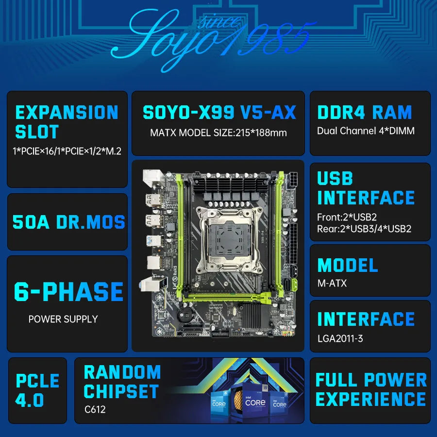 SOYO Motherboard Set Kit With LGA2011-3 Xeon E5 2650 V4 CPU DDR4 16GB (2*8GB) 2133MHZ Memory NVME M.2 SATA  Computer components.