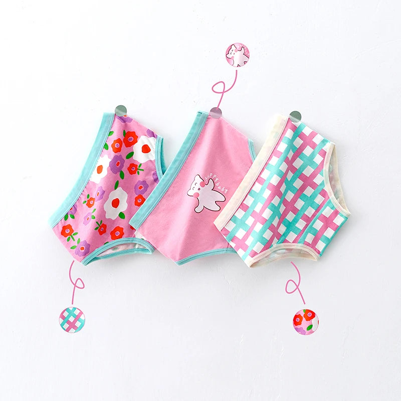 3Pcs/lot Kids Panties 7 Collections Chirdren's Underwear Lovely Girls Briefs Floral Grid Cute Pants Baby Dots Cotton Underpants