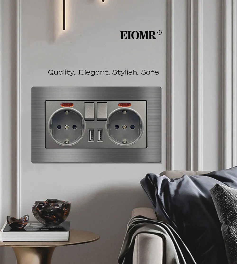 EIOMR Frankreich Standard-Steckdose, graue Aluminiumlegierung, Lichtschalter, RJ45, Fernseher, 220 V, 16 A, Wandsteckdosen für Haushaltsgeräte