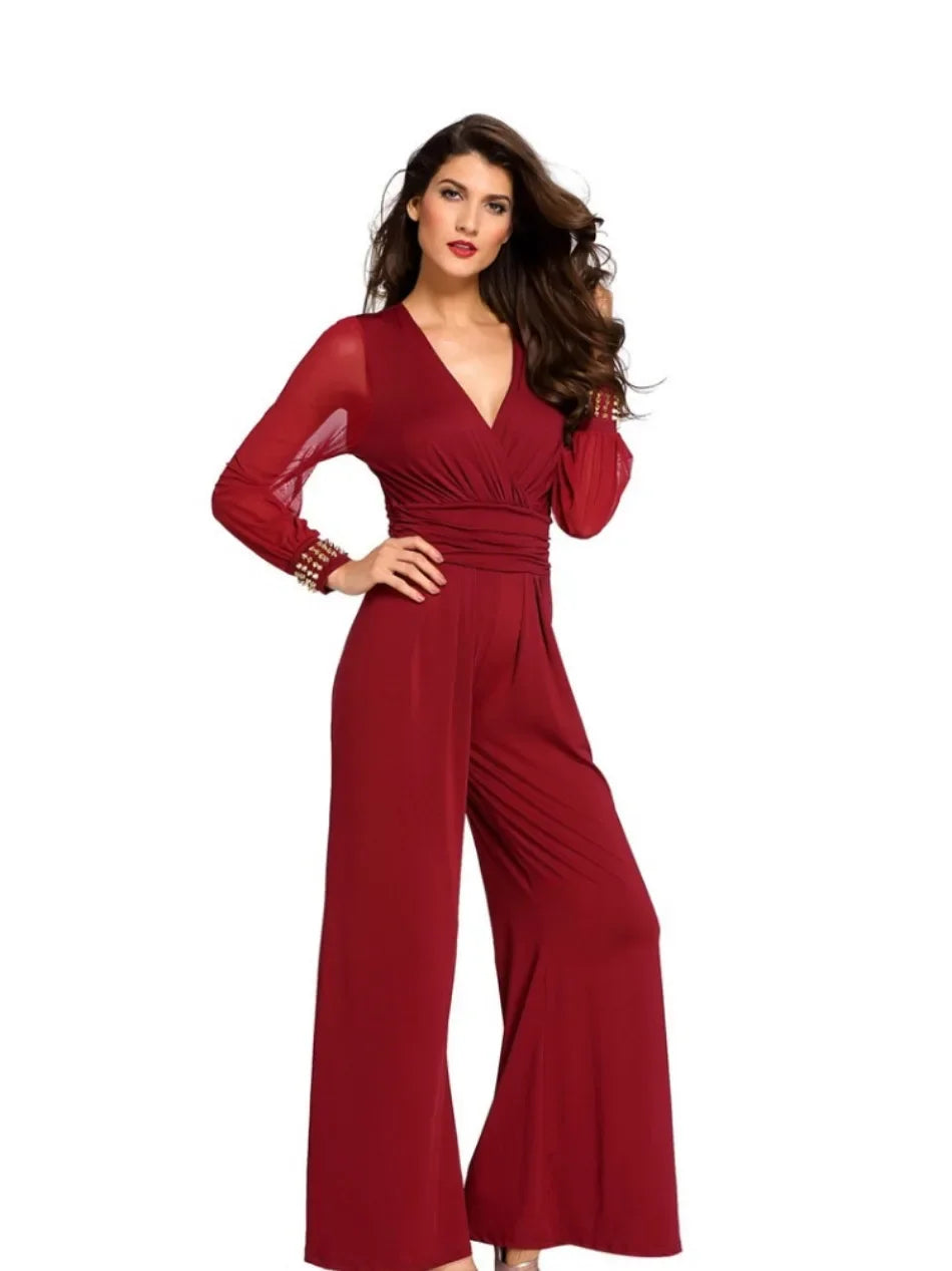 New In Spring Summer Women's Jumpsuit Black V-neck Mesh Splicing Straight One-piece Female Jumpsuit Sexy Streetwear Clothes.