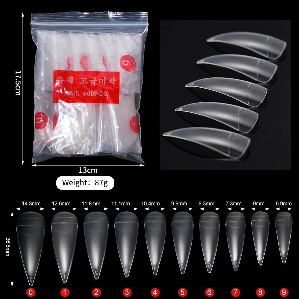 600Pcs Extra Long Hawk Curved Nail Tips Half Cover Eagle Claw Curve False Nails Extension 10 Sizes Bag Packaging for Art Salon *.