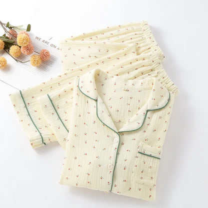 Pajamas pure cotton three-piece set spring and summer thin crepe autumn gauze lapel short-sleeved trousers shorts loungewear set