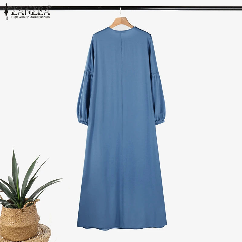 ZANZEA Muslim Women's Maxi Dress Islamic Hijab O Neck Half-Button Denim Blue Abaya Holiday Lantern Sleeve Loose Casual Vestidos.