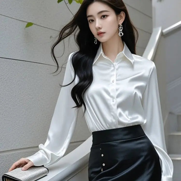 Elegant Silk Office Shirts Women Korean Fashion Y2k Clothes Slim Long Sleeve White Black Blusas Mujer Workwear Tops and Blouses.