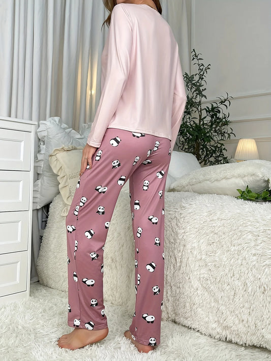 Damen-Pyjama-Set im neuen Stil, süßer Panda, langärmelige Hose, zweiteilig, lässige Heimkleidung