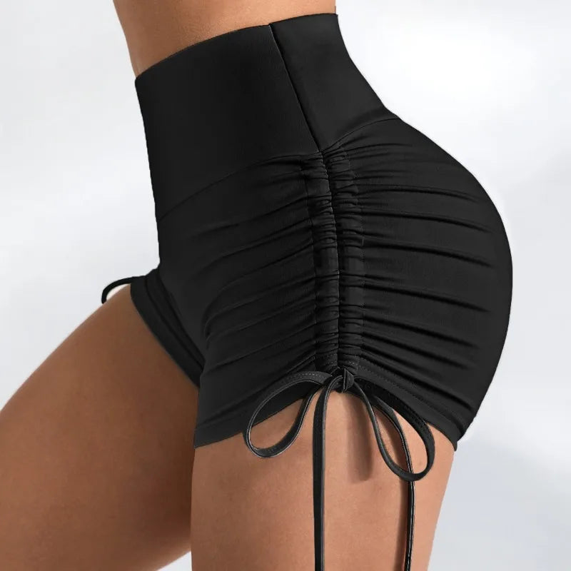 Women's High-Waisted Ruching Yoga Shorts Tight Workout Running Gym Shorts with Tie Detail Summer Fitness Stretch Activewear.